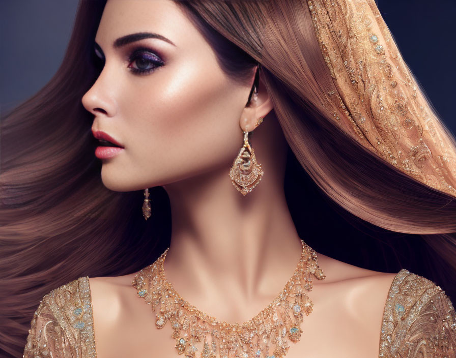 Stylish woman with flowing hair in gold jewelry and headscarf