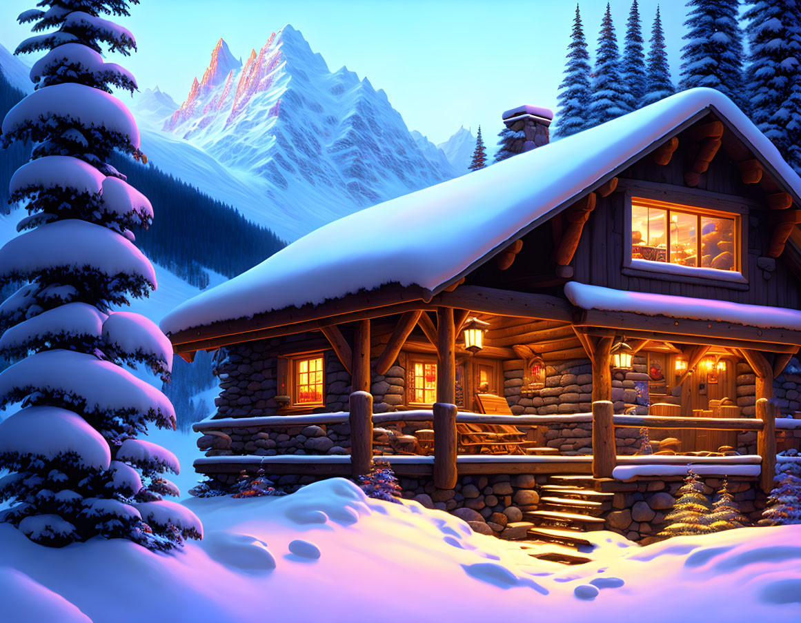 Snowy landscape: Cozy log cabin and pink mountains at dusk