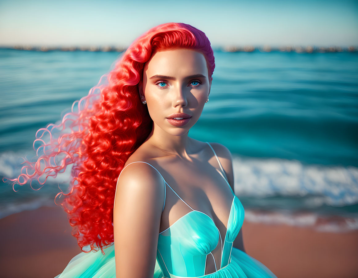 Red-haired woman in blue dress at sunset by the sea