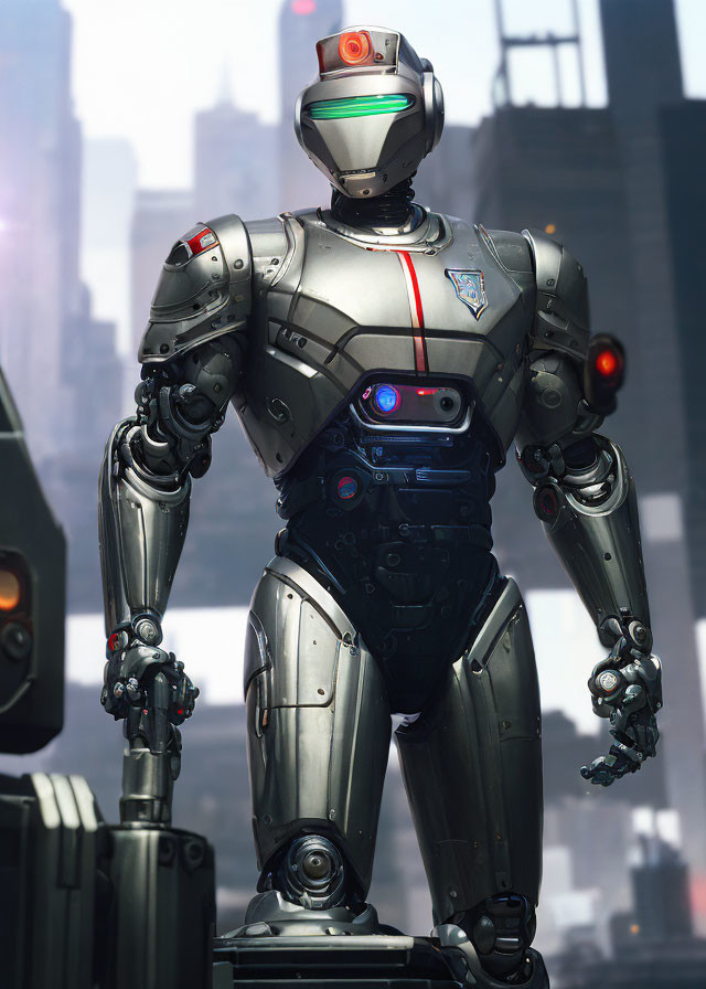 Sleek humanoid robot with red and blue lights against cityscape.