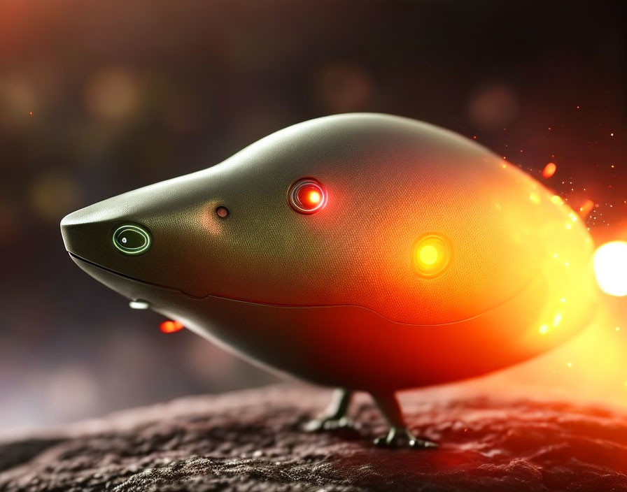 Futuristic metallic tadpole with glowing orbs and green eyes on fiery backdrop