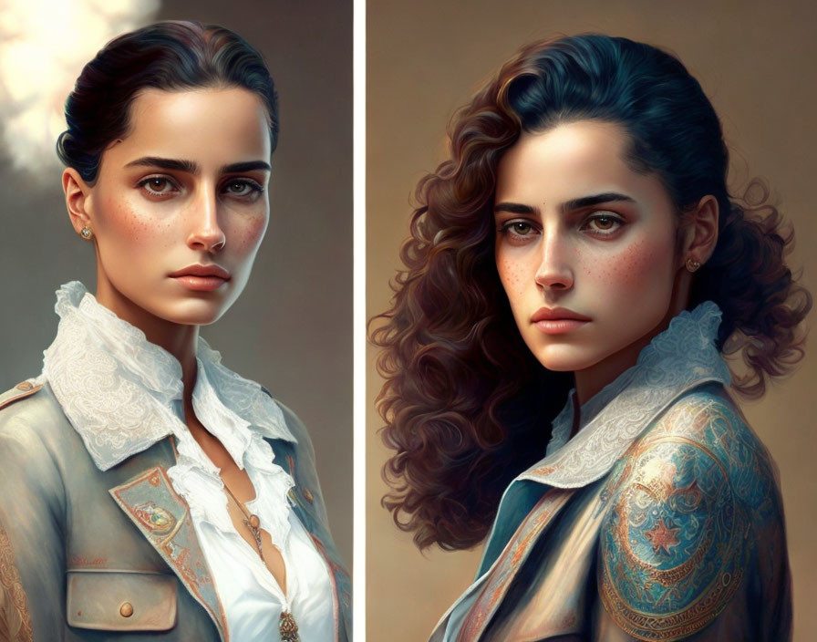 Detailed portraits of a woman with straight and curly hair, showcasing stylized features and decorative jackets