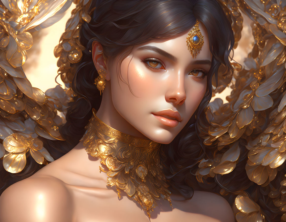 Detailed Golden Jewelry on Serene Woman with Floral Accents