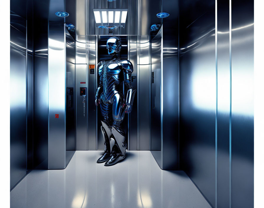 Sleek black and silver futuristic robot in modern elevator with blue LED lights