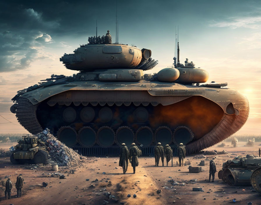 Futuristic tank on desolate battlefield with soldiers.