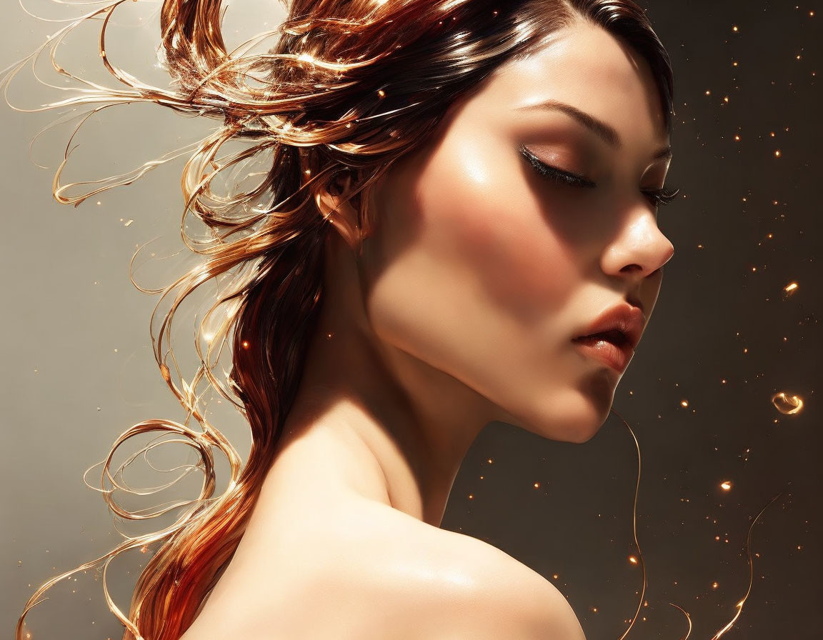 Serene woman digital artwork with flowing hair and glowing skin