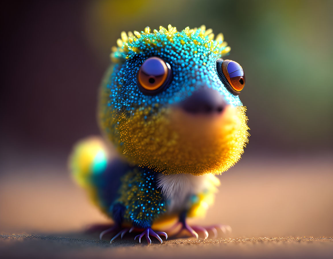 Colorful anthropomorphized lizard with expressive eyes in sunlight