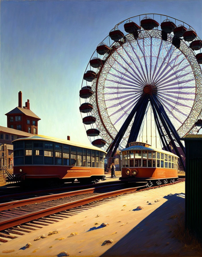 Cityscape with trams, Ferris wheel, and buildings under clear blue sky