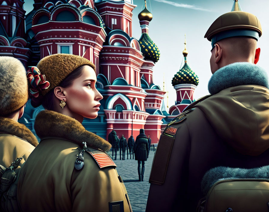 Military-style individuals in front of colorful cathedral in Russia.