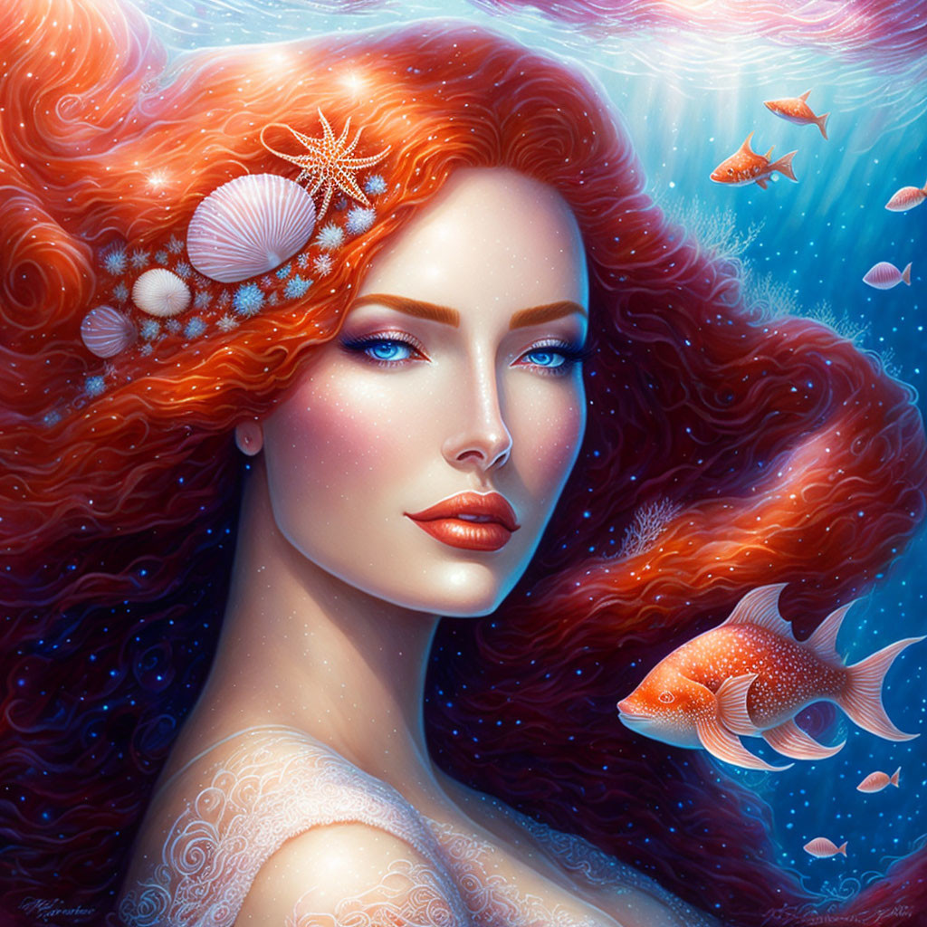 Vibrant red hair woman with sea shells and fish in surreal portrait