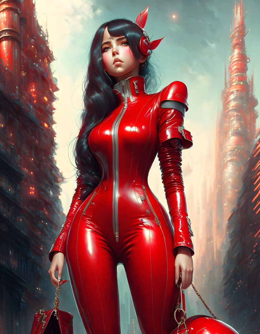 Futuristic woman in shiny red suit amid city skyscrapers