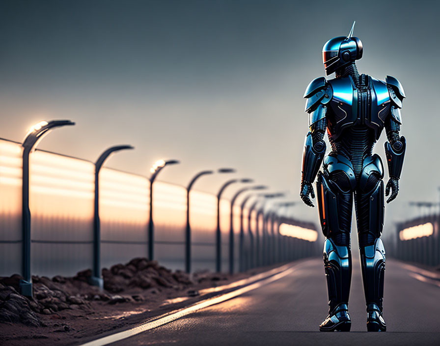 Futuristic robot on empty road at sunset with streetlights