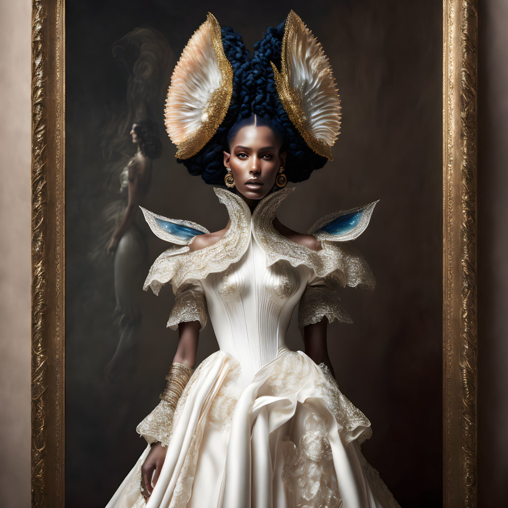 Woman in ornate white dress with gold and feathered headpiece in baroque style.