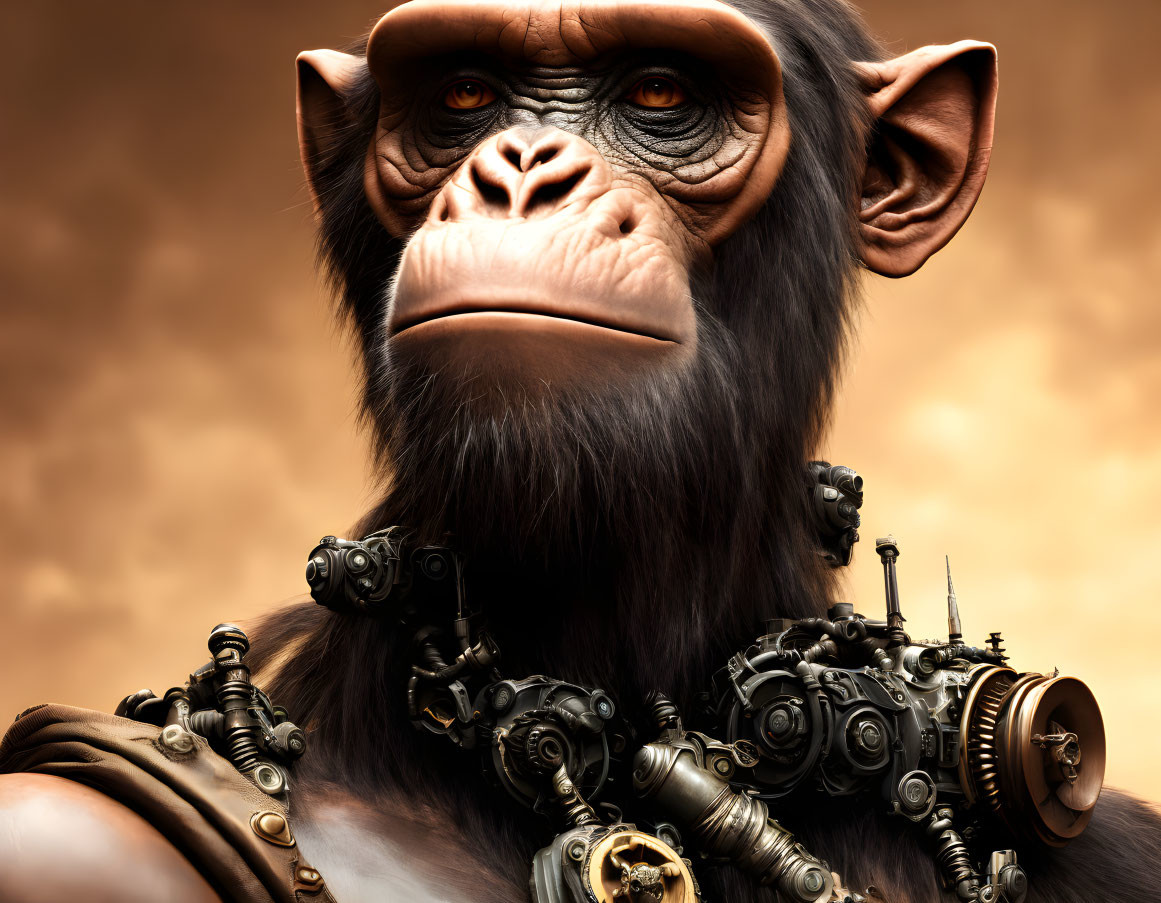 Detailed Chimpanzee Cyborg with Mechanical Parts on Orange Background