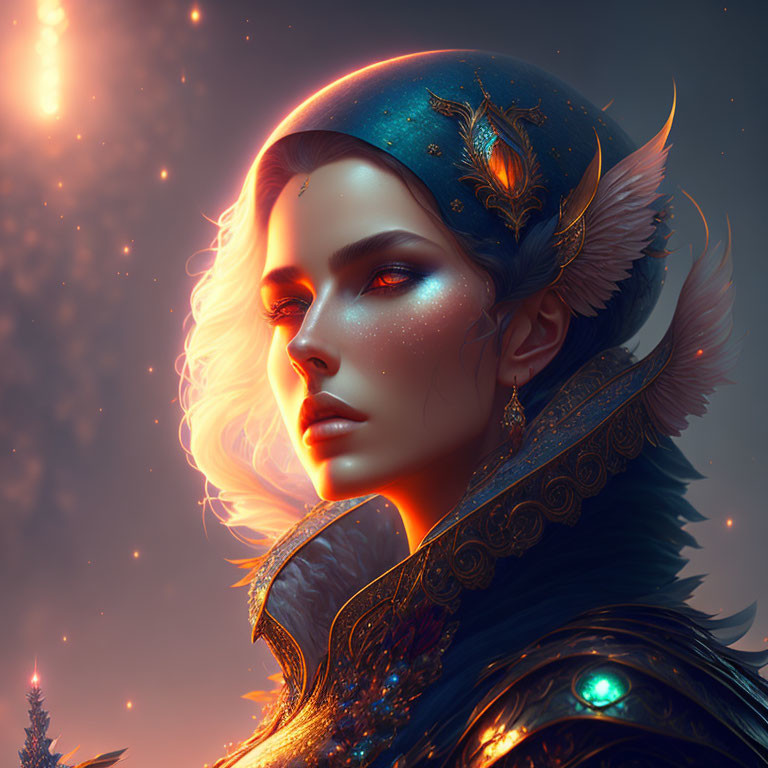 Fantasy woman digital portrait with glowing skin and ornate headdress