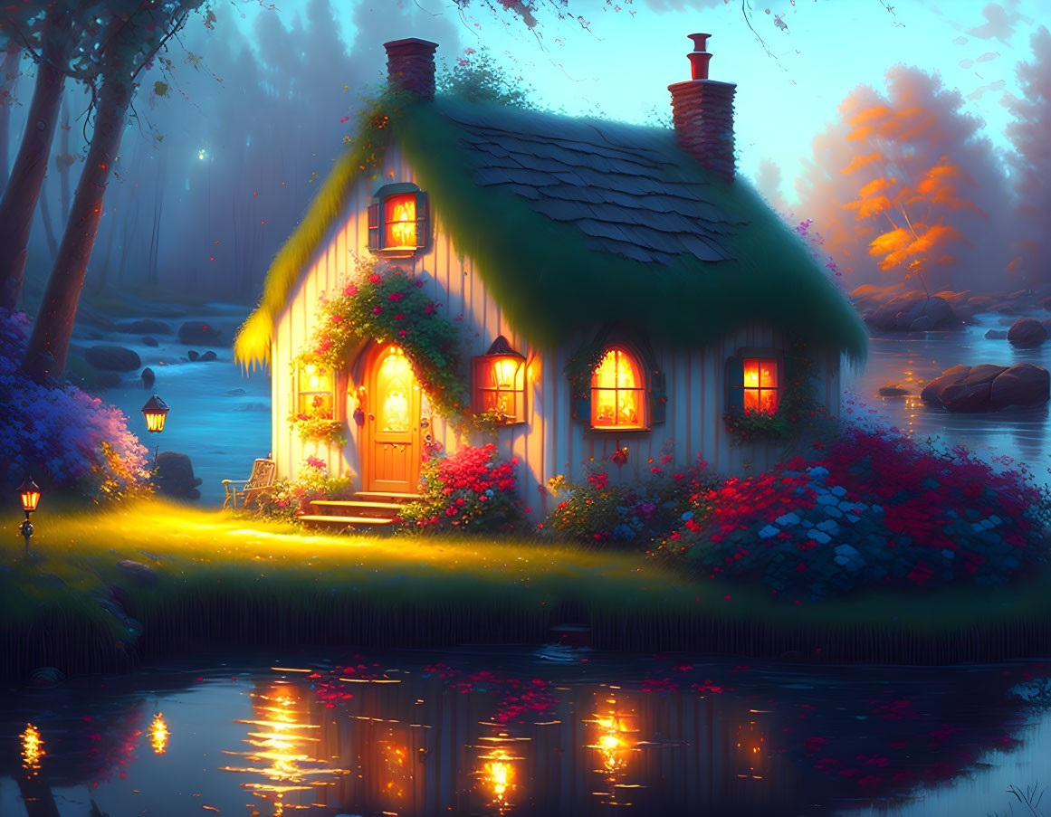 Thatched cottage with lit windows by tranquil river at twilight