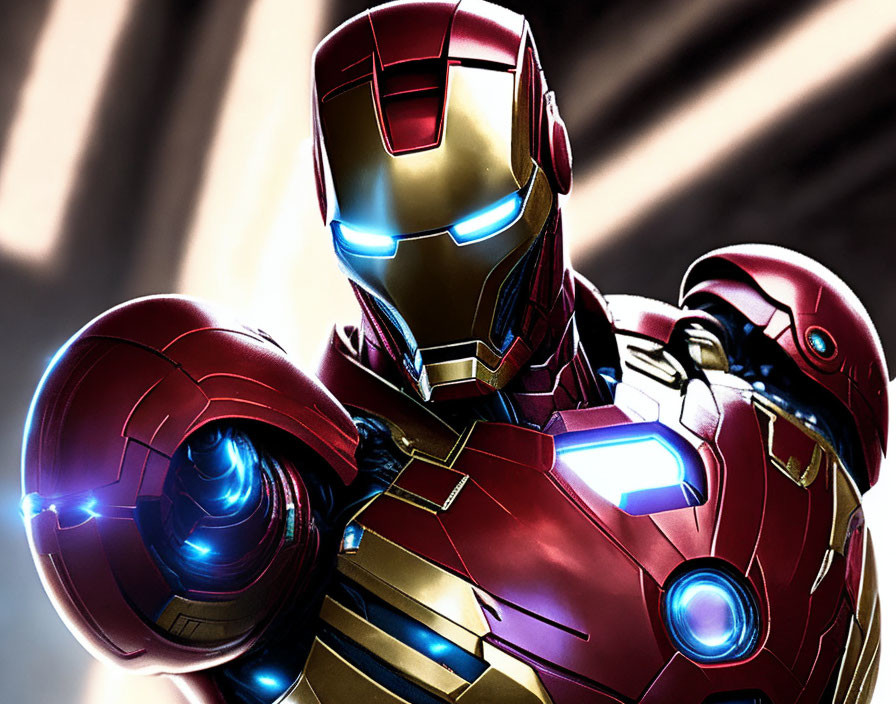 Red and Golden Armored Suit with Glowing Blue Lights in Science Fiction Context