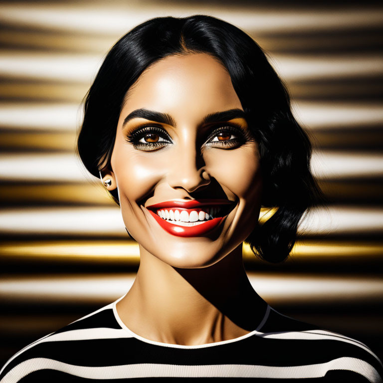 Woman with bright smile and accentuated makeup against striped golden background