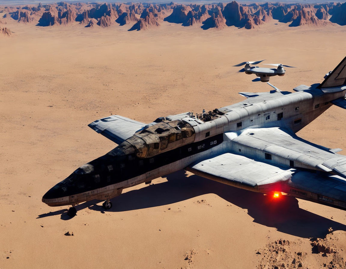 Abandoned camouflage airplane in desert with flying aircraft