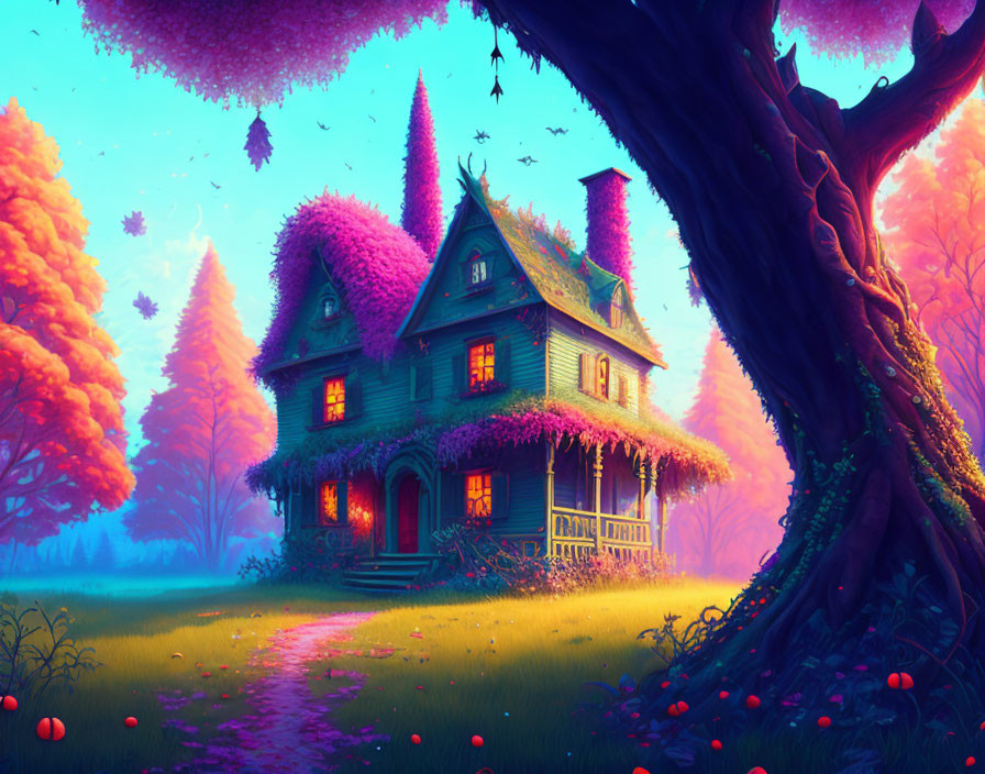 Colorful Victorian house in magical autumn landscape