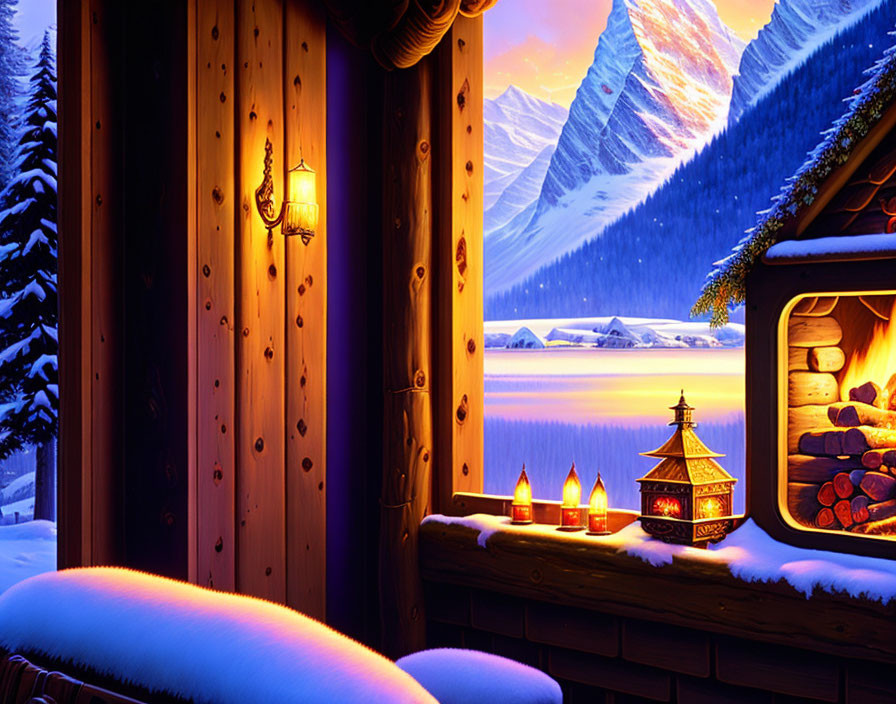 Winter cabin interior with fireplace and snowy mountain view.