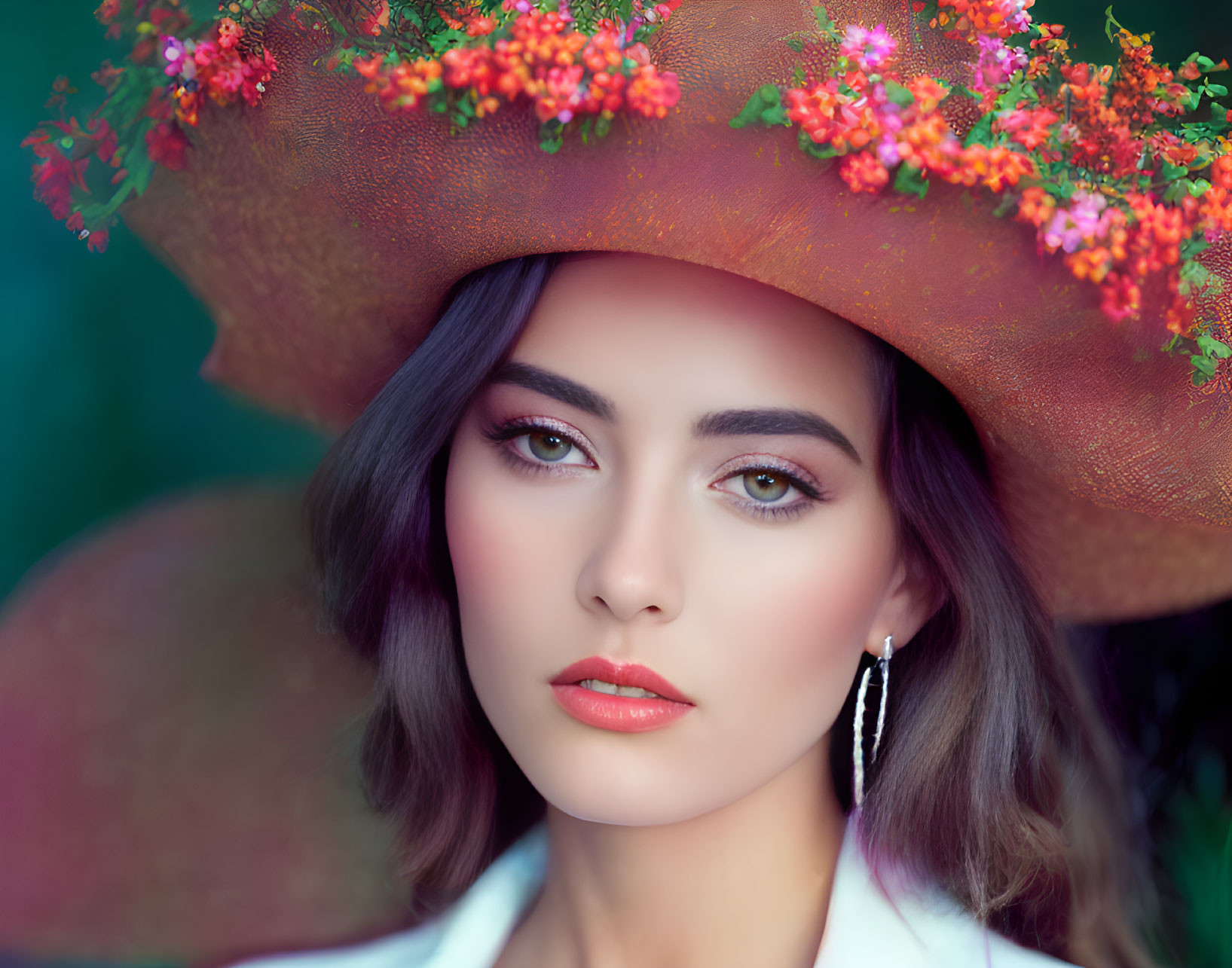 Woman in large floral hat with striking makeup against verdant backdrop