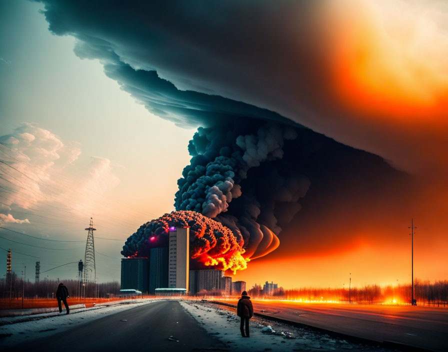 Large industrial facility ablaze with smoke plumes in fiery sky