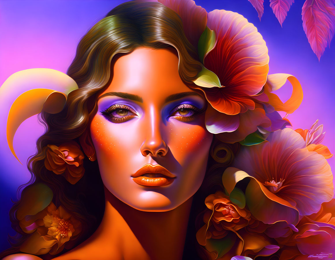 Colorful illustration: Woman with glowing skin & hibiscus flowers on purple.