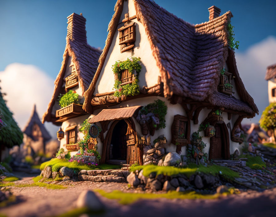 Thatched roof cottage with vines and flowers in a village at sunset