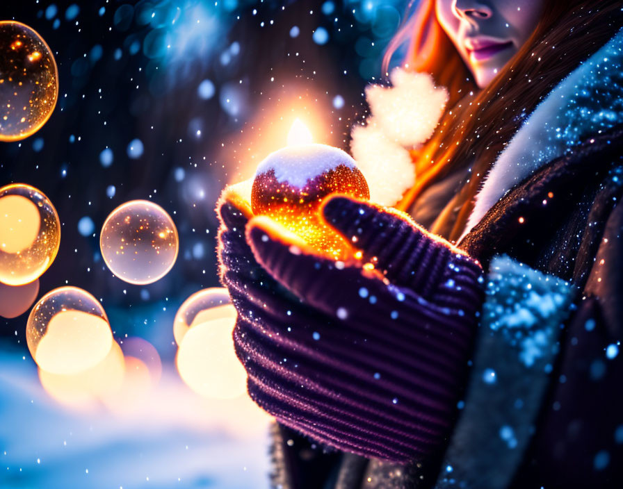 Person holding glowing snowball in winter night scene.