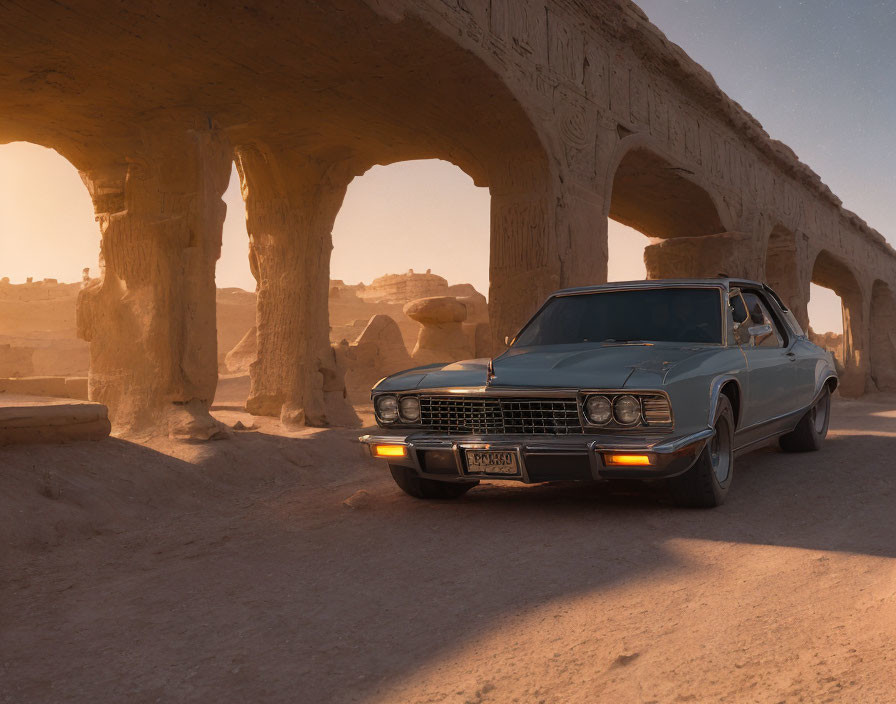 Classic car under stone arch in desert at sunset