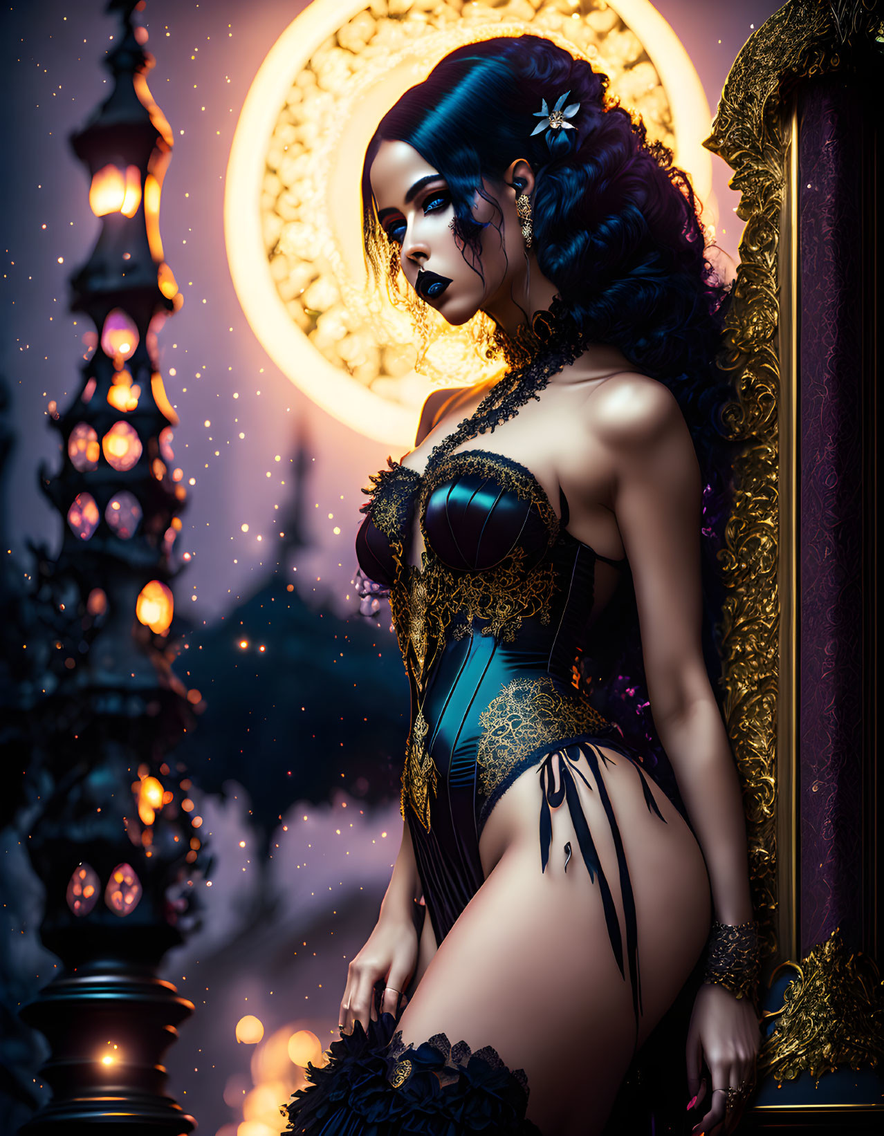 Detailed fantasy woman illustration in corset with lantern, moon, and ornate frame.