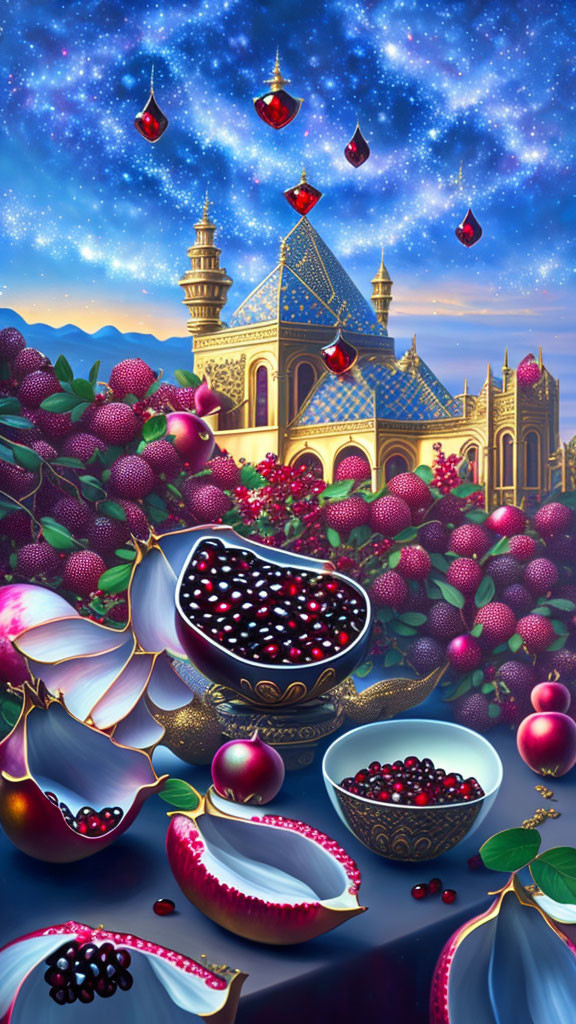 Enchanting night scene with pomegranates, flowers, and palace