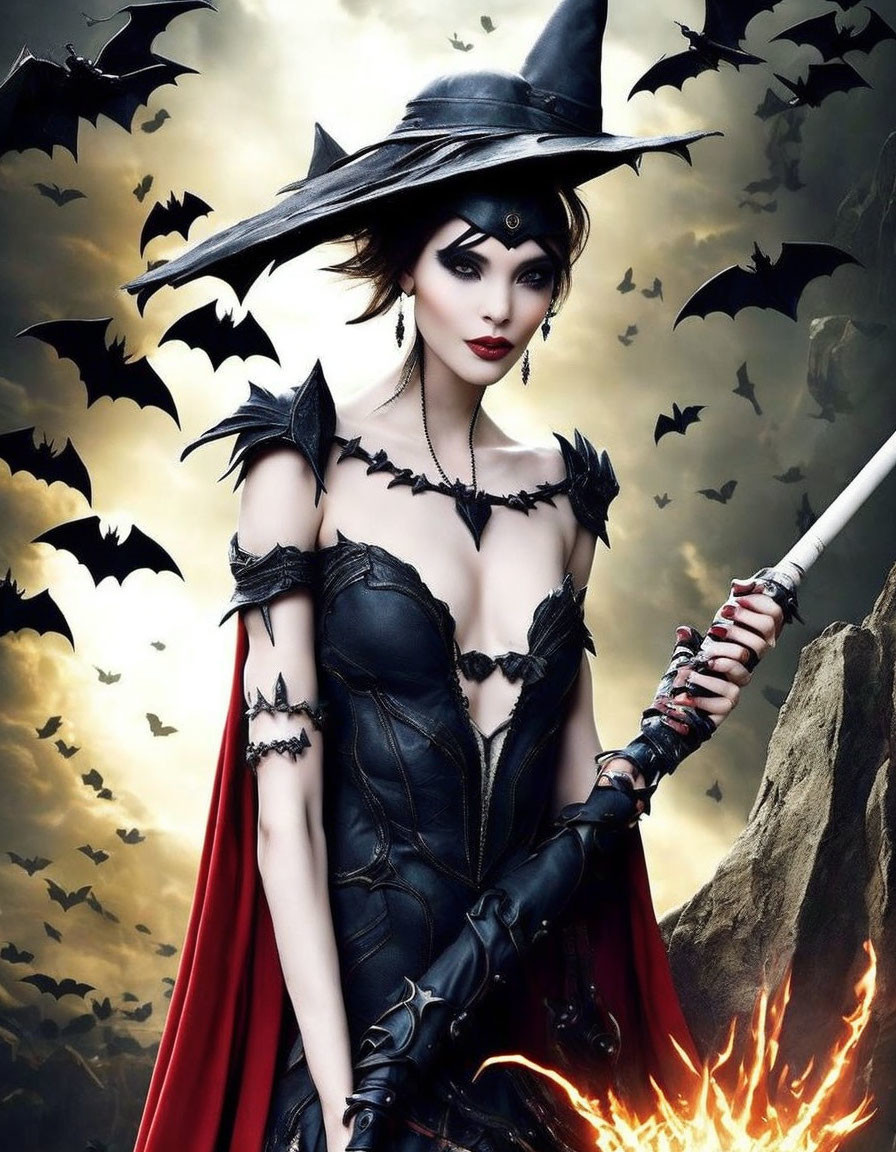 Stylized witch woman with black hat and red accents, holding wand, surrounded by bats