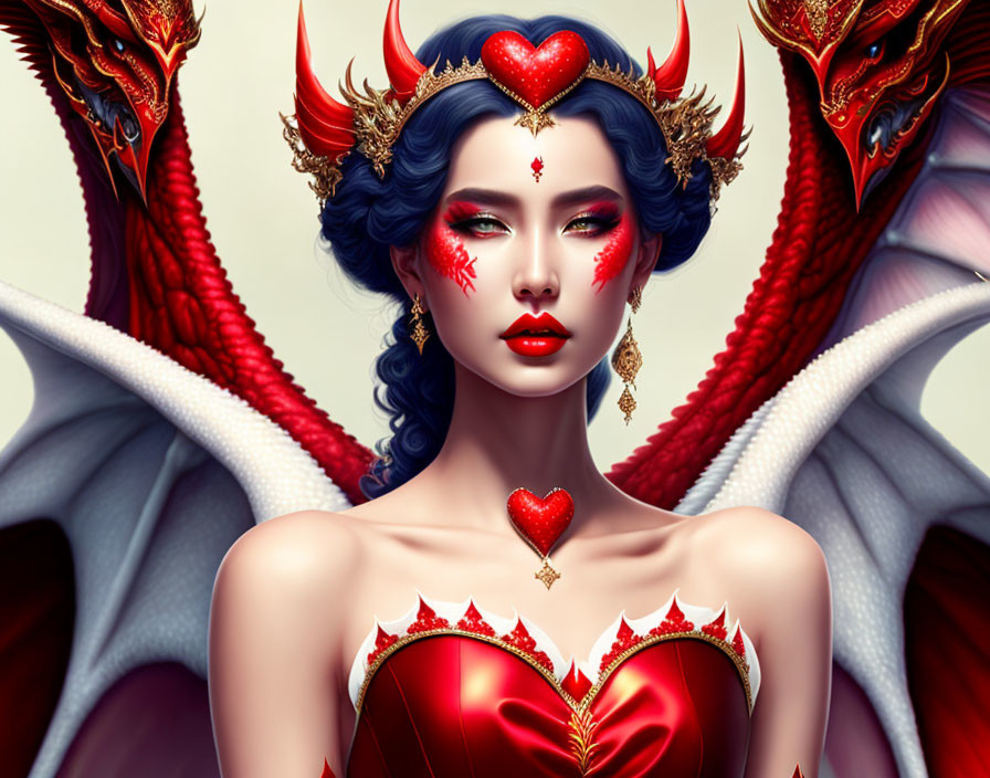 Fantasy Illustration: Woman with Blue Hair, Red Horns, Heart-shaped Accessories, and Two