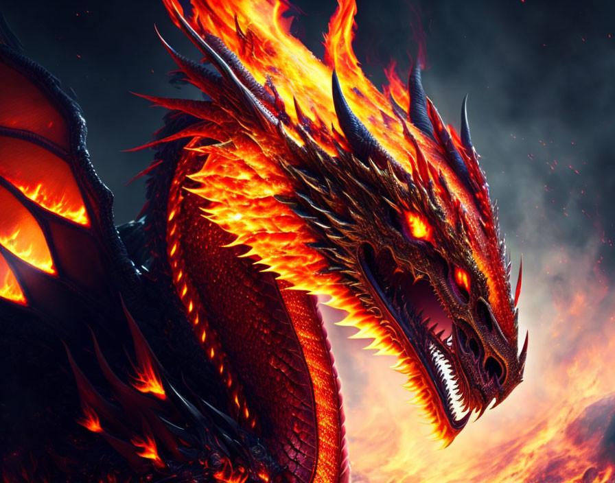 Fiery Dragon with Glowing Scales and Red Eyes in Volcanic Setting