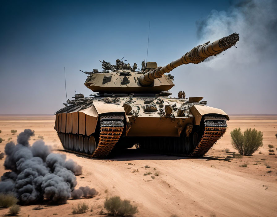 Tank firing gun in desert, kicking up sand & smoke