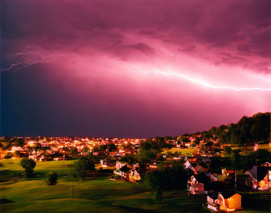 Purple night sky with lightning over suburban area