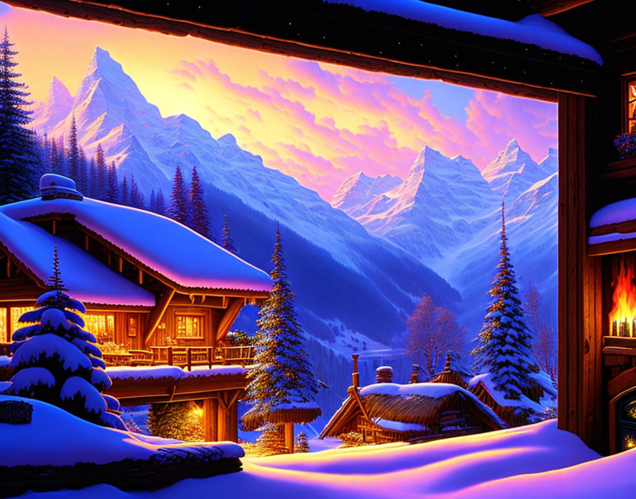 Snow-covered chalets, sunset sky, mountains, and fireplace glow in cozy winter scene