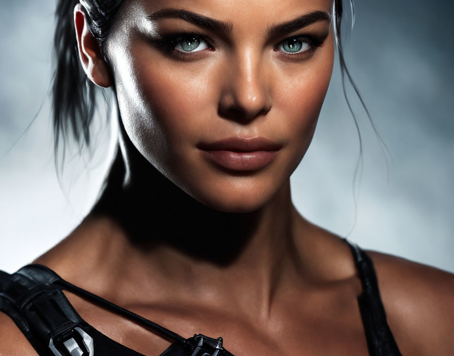 Close-up Portrait of Woman with Striking Blue Eyes and Neutral Makeup