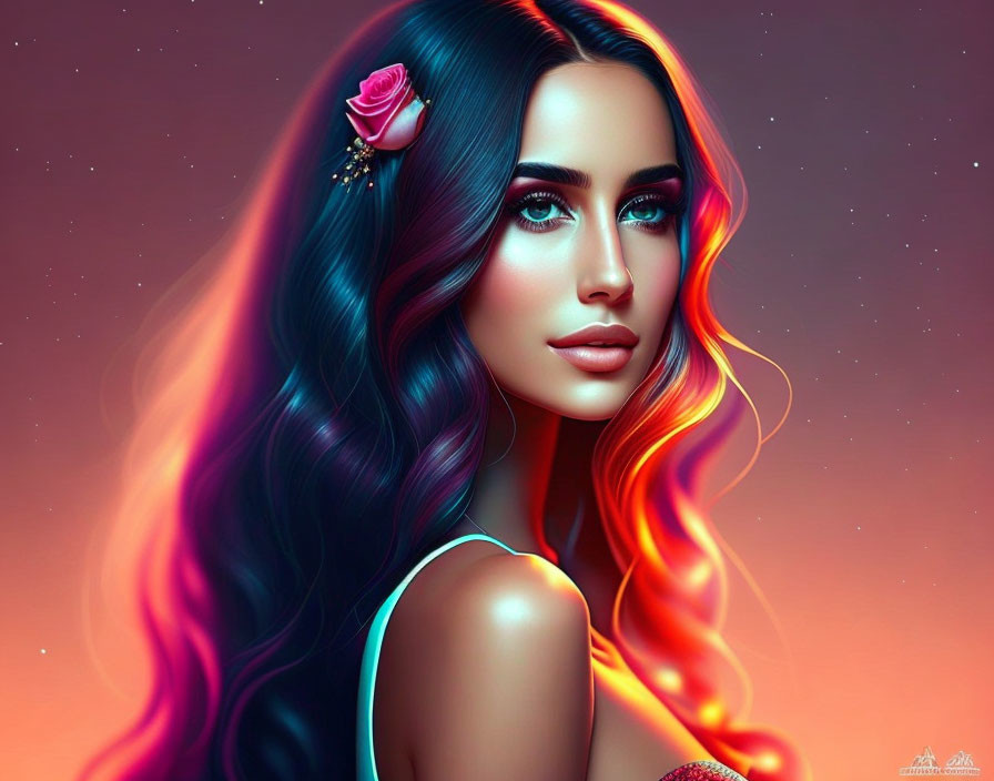 Colorful digital portrait of a woman with multicolored hair and a rose behind her ear