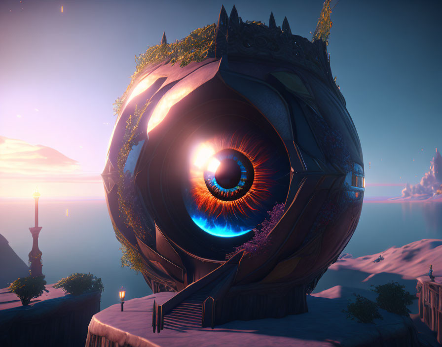 Fantastical spherical structure resembling giant eye at dusk