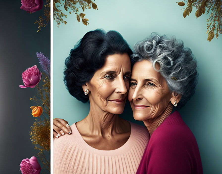 Elderly women with elegant hairstyles in loving pose on colorful backdrop