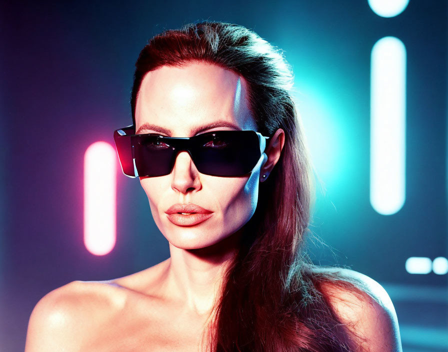 Stylish woman wearing sleek sunglasses in neon-lit setting