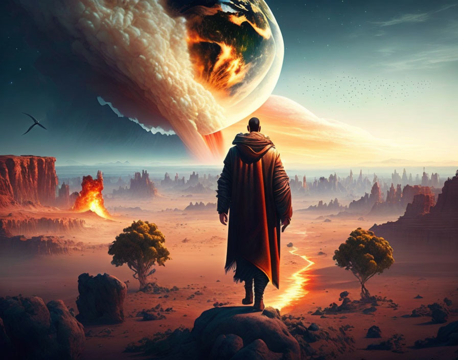 Cloaked figure on rocky outcrop gazes at surreal landscape with volcano and massive planet