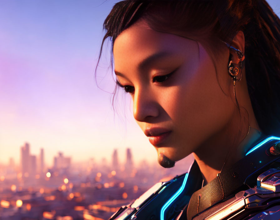 Young woman in futuristic blue armor against urban skyline at twilight