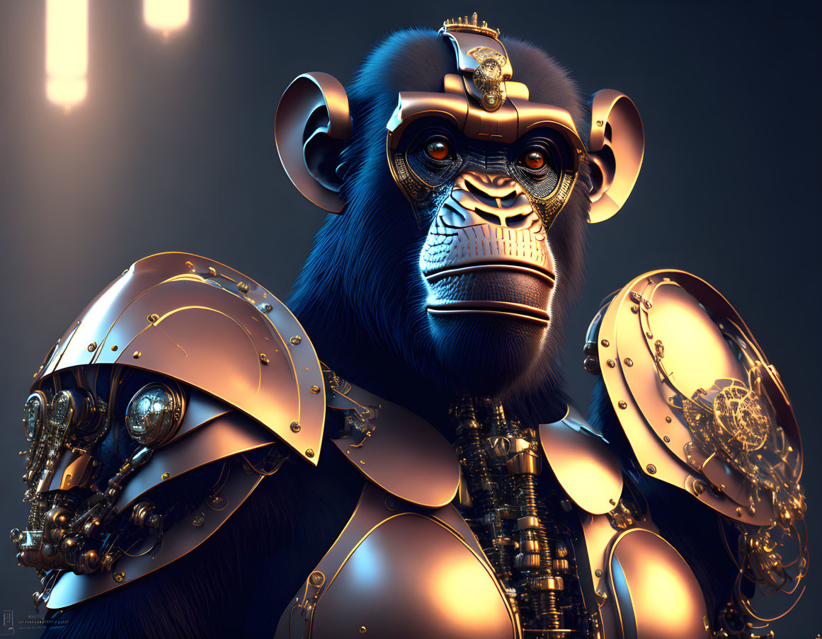 Detailed 3D illustration of cyborg chimpanzee with golden armor on dark background