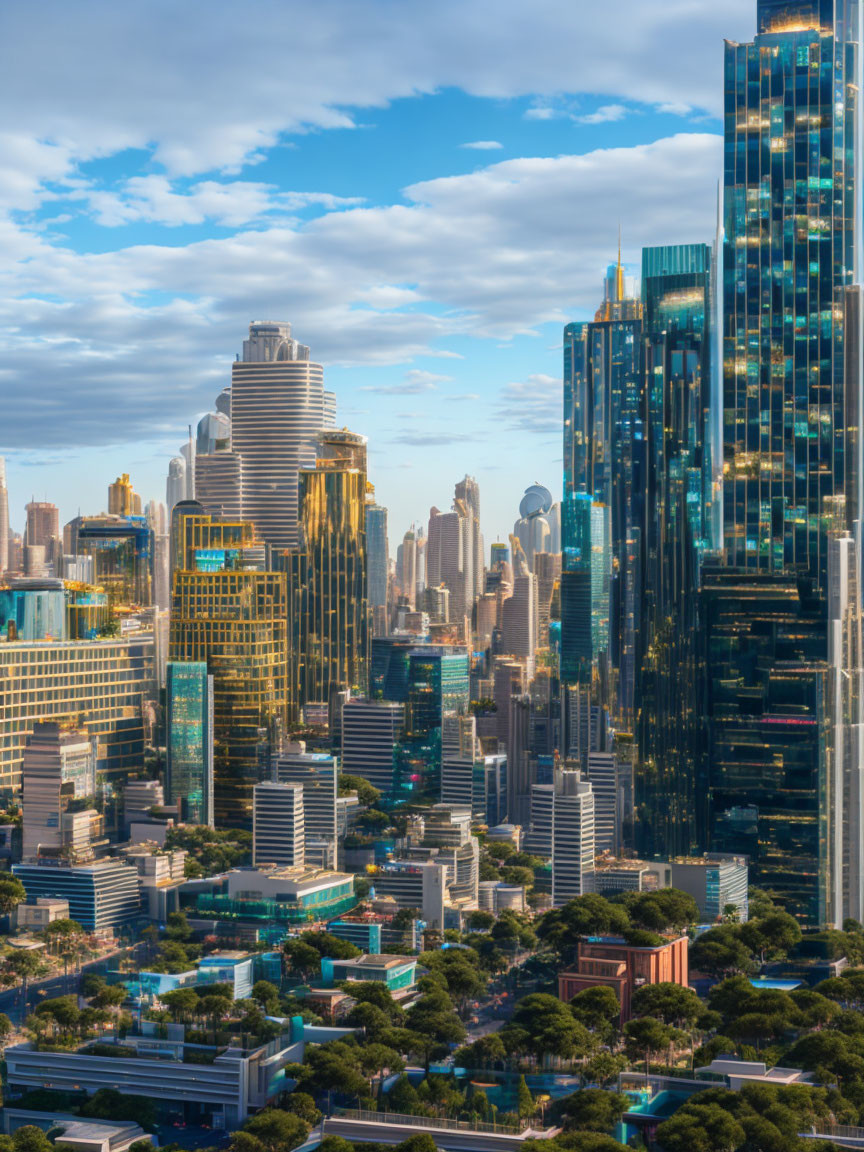 City skyline with towering skyscrapers and diverse architectural styles