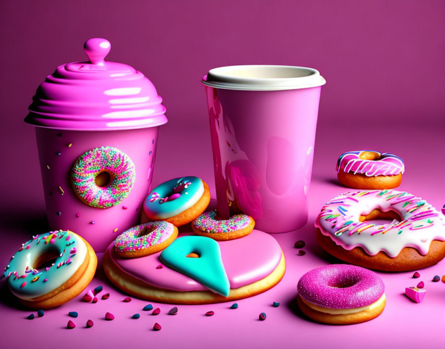 Assortment of pink sweets on purple background with coffee cup