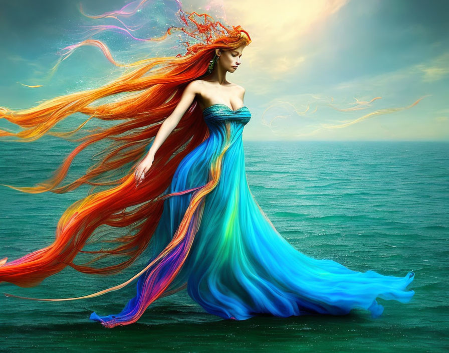 Vibrant woman in multicolored dress by teal ocean.